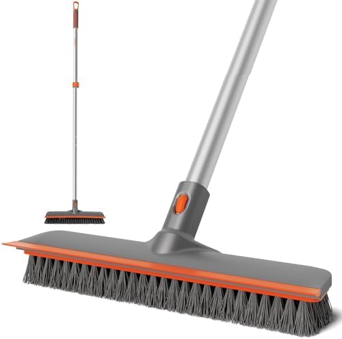 Eazer Floor Scrubber Brush, 2-in-1 Deck Scrubber Brush with Long Handle, Soft &amp; Hard Bristle Brush for Cleaning Concrete, Squeegee Broom for Floor,Bathroom Garage,Kitchen,Wall,Tile and Swimming Po
