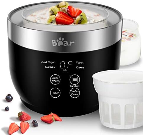 Bear yogurt machine, Greek yogurt machine with filter and timer control, stainless steel inner pot, automatic digital with glass jar, quart, suitable for home organic yogurt, cheese, fruit wine