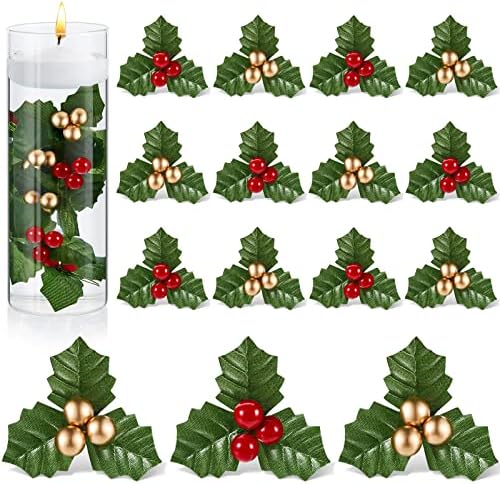 Canlierr 50 Pieces Christmas Holly Berries for Crafts Faux Berries Flowers and Holly Leaves Christmas Wreath Fillers for Vase Fillers Floating Candle Table Centerpiece(Red, Gold)