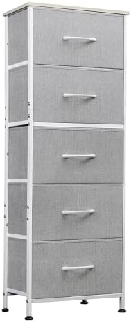 WLIVE Fabric Dresser, 5-Drawer Tall Dresser for Bedroom, Storage Dresser Organizer with Fabric Bins, Wood Top, Sturdy Steel Frame, Chest of Drawers for Closet, Hallway, Light Grey