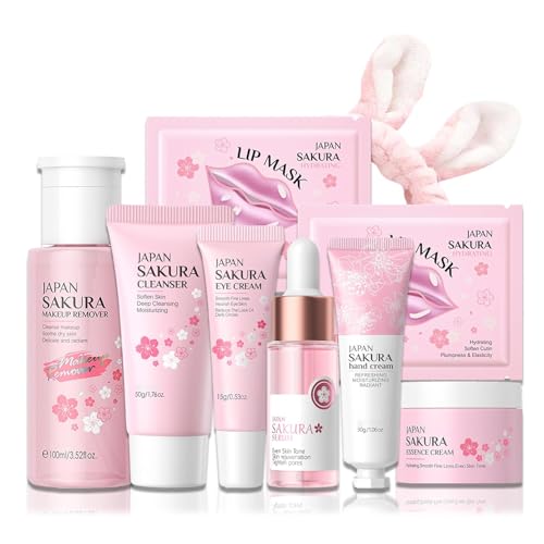9 In 1 Japan Sakura Skin Care Set, Skincare Set For Women, Face Care Set For Women With Makeup Remover,Cleanser,Eye Cream,Serum,Hand Cream,Moisturizer, Travel Essentials Set