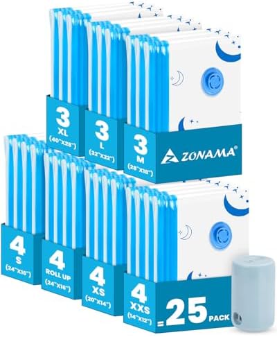 Travel Compression Bags, 25 Pack Vacuum Storage Bags with 1500mAh Rechargeable Battery, Vacuum Seal Bag for Space Saving Clothes, Blanket, Duvets, Pillows, Comforters, Travel Essentials, Luggage