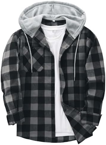 Men&#39;s Flannel Shirt Plaid Hoodie Stylish Long Sleeve Fall Casual Button Down Shirts with Flat Pocket