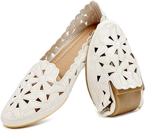 HEAWISH Women&#39;s Floral Ballet Flats for Women Black Beige Slip On Flowers PU Leather Round Toe Dress Shoes