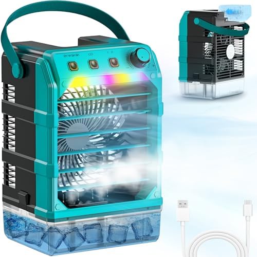 Uniqwamo Misting Fan Portable Compatible for Makita 18V Battery(No Battery) or USB Powered, Cooling Fan for Bedroom with 7 Lights, 8H Timer, 1600ML Water Tank for Outside Camping Tent Room Office Desk