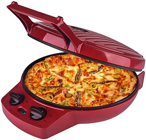 Courant Pizza Maker, 12 Inch Pizza Cooker and Calzone Maker, with Timer &amp;Temperatures control, 1440 Watts Pizza Oven convert to Electric indoor Grill, Red