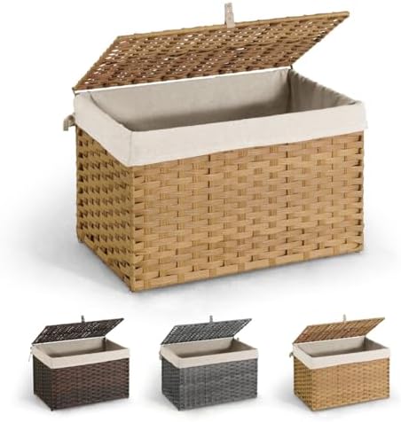 CAPHAUS Laundry Basket w\/Lid, Synthetic Rattan Laundry Hamper w\/Lid and Handles, 2 Removable Liner Bags, Foldable Clothes Hamper for Laundry, Large Storage Basket w\/Lid, 105L, Natural