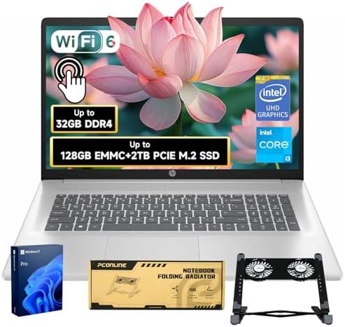 HP 17.3&#34; Touchscreen Laptop, Intel Core i3-N305, 32GB RAM, 128GB eMMC + 1TB SSD, Numeric Keypad, Webcam, HDMI, Wi-Fi 6, Windows 11 Pro, Silver, Bundle with PCO Notebook Fold Radiator, Cooler