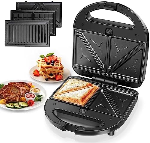 Aigostar Sandwich Maker Panini Press Grill, 3 in 1 Waffle Maker with Removable Non-stick Plates, Electric Grilled Cheese Maker, Portable Cool Touch Handle, Led Indicator Lights &amp; Easy to Clean, 75