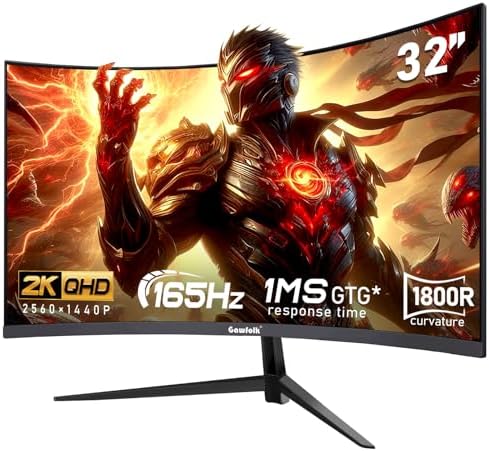 Gawfolk 32 inch 2K QHD(2560×1440P) 165Hz Curved Gaming Monitor,PC Screen, 1ms，FreeSync, 98% sRGB，178° Wide Viewing Angle，DisplayPort、HDMI, Wall Mount Compatible 100 * 100MM Wall - Black