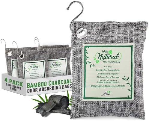 Asani Air Purifier Bags with Bamboo Activated Charcoal (Purifying Pack of 4)  Natural Air Freshener Deodorizer  Moisture Absorber and Odor Eliminators for Home, Car, Refrigerator, Closet (200g Each)