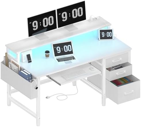 Lufeiya Gaming Desk with LED Lights and Power Outlets, 47 Inch Home Office Desks with Keyboard Tray, White Computer Desk with File Drawers Cabinet, Writing Table PC Desks with Monitor Stand, White