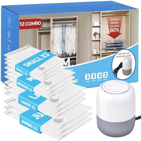 12 Pack Vacuum Storage Bags with Electric Air Pump, Vacuum Seal Bags for Clothing (3Jumbo\/3Large\/3Medium\/3Small), Space Saver Bag for Clothes, Blanket, Duvets, Pillows,Comforters, Bedding,Travel