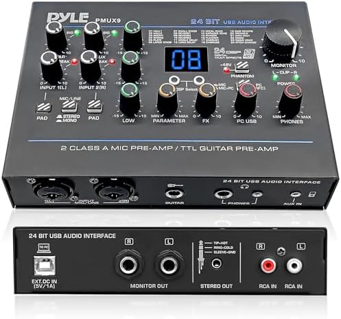 Pyle USB Audio Interface - MIC\/LINE - Guitar - AUX Stereo &amp; RCA Inputs - Preset 24 Digital Effects - Phantom Power - Phone\/Stereo\/Monitor\/Headphone Outputs - For Computer Playing &amp; Recordi