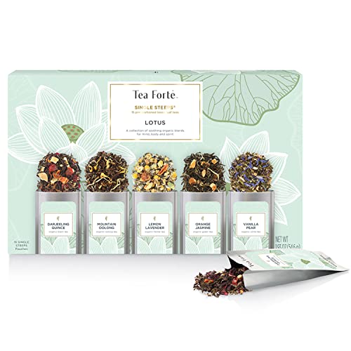 Tea Forte Lotus Single Steeps Loose Leaf Premium Tea Gift Set Sampler, 15 Count 3 of Each Assorted Blends, Pre-Portioned Single Serve Pouches, Steeps 12 oz