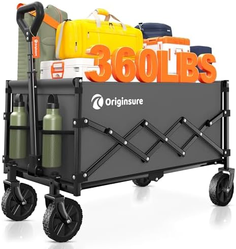 Originsure Collapsible Wagon Cart Foldable - Lightweight Portable Heavy Duty Folding Beach Wagons with Wheels - Outdoor Utility Carts for Grocery, Camping, Shopping, Sports with Large Capacity - Grey