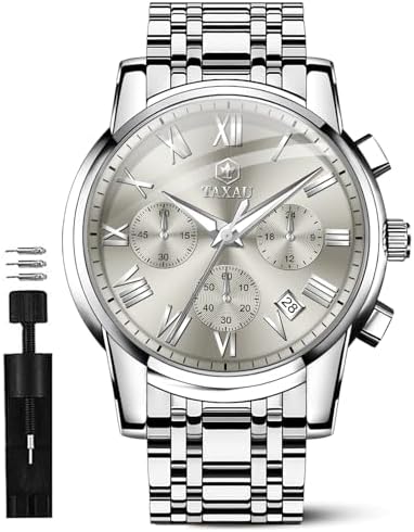 Taxau Mens Watches Luxury Multifunction Waterproof Watches for Men Big Face Analog Quartz Stainless Steel Silver Men&#39;s Wrist Watches Chronograph with Date Luminous