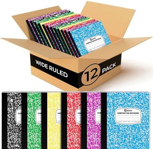 Rosmonde 12 Pack Bulk Composition Notebook Wide Ruled, 200 Pages (100 Sheets), 9-3\/4 x 7-1\/2&#34;, Hard Cover Wide Ruled Notebook Bulk, Assorted Colors Composition Notebook For School, Colors May Re