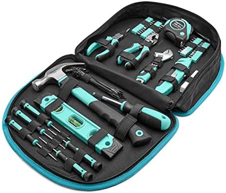 Amazon Basics Tool Set With Easy Carrying Round Pouch, 104-Piece, Turquoise, 14.4 x 11.4 x 3 inches