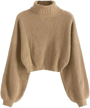 ZAFUL Women&#39;s Cropped Turtleneck Sweater Lantern Sleeve Ribbed Knit Pullover Sweater Jumper