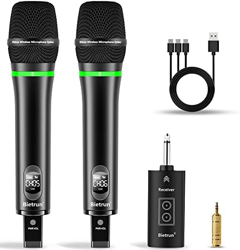 Bietrun Rechargeable Wireless Microphone, Dual Metal Cordless Handheld Dynamic Wireless Mics with 1\/4&#39;&#39; Output for Karaoke, Meeting, Singing, Church, Wedding(UHF 240ft Range)(Receiver with Bl
