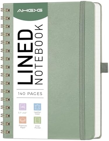 AHGXG Lined Spiral Journal Small Notebook for Women, Notebook College Ruled A5 5.7&#34; X 8.3&#34;, 140 Numbered Pages, Hardcover Leather, Meeting Notebook for Work, School Office Supplies, Sage Green
