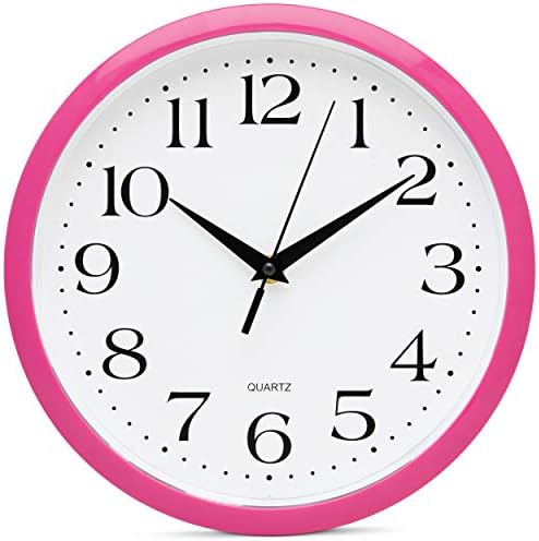 Bernhard Products Pink Wall Clock 10 inches (approximately 25.4 cm) Silent No Ticking Battery Powered High Quality Quartz Circular Easy to Read Home/Office/Kitchen/Nursery/Girl's Bedroom/Classroom/Chi
