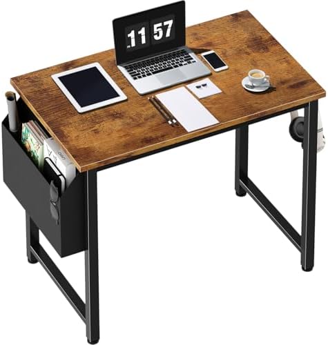 Lufeiya Small Computer Desk Study Table for Small Spaces Home Office 31 Inch Rustic Student Laptop PC Writing Desks with Storage Bag Headphone Hook,Brown