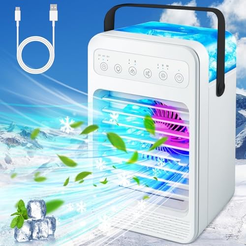 Portable Air Conditioners Fan, Touch Screen Evaporative Air Cooler, USB Personal Mini Air Conditioner with 4 Speeds, 600ML Tank &amp; 3 Timers, Desktop Cooling Fan for Home Room Camping Car Office