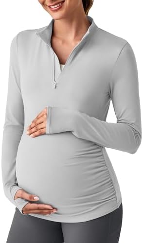 G4Free Lightweight Maternity Long Sleeve Workout Tops UPF 50+ Rash Guard Half Zip Sun Shirts Ruches Pregnancy Pullover