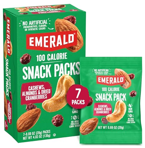 Emerald Nuts Cashews and Almonds with Dried Cranberries 7 Ct (1-Pack)  100-Calorie Individual Packs of Nut Blend and Dried Fruit  Kosher Certified, Non-GMO, Contains No Artificial Preservatives, Flavo