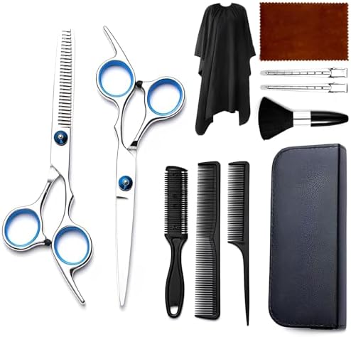 Hair Cutting Scissors Kit 11PCS, Hair Scissors Professional Haircut Scissors with Stainless Steel Hair Shears, Thinning Shears, Haircut Accessories in Leather Case for Salon\/Home (Silver)