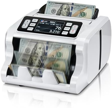 MUNBYN IMC09 Mixed Denomination Money Counter Machine, Value Counting, UV\/MG\/IR\/MT Bill Counter, 3.5&#34; TFT Display Money Counting Machine, USD, EUR, MXN, CAD Cash Counter for Business (White)