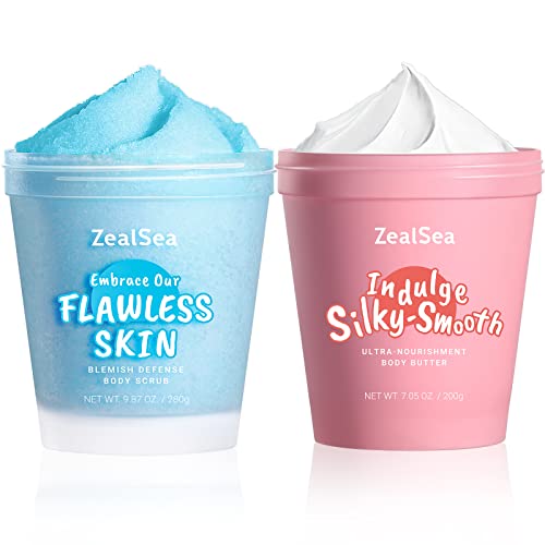 ZealSea Body Scrub &amp; Body Butter Set: Dead Sea Salt Exfoliating Natural Body Scrub Moisturizing Brightening Body Hand Legs Foot Scrub 9.88 Oz and Coconut Shea Body Butter 7.05 Oz for Women Men
