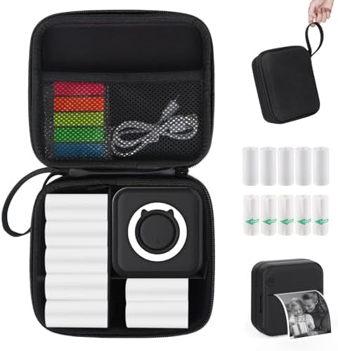HUIJUTCHEN Black Mini Pocket Printer with Black Case, Mini Thermal Printer with 10 Rolls Thermal Paper, Mini Portable Photo Printers for Travelling, Journal, Memo, Photo, Study Notes, Shopping Lists