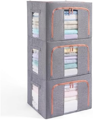 GuliPostan 3 Pack 66L Stackable Clothes Storage Bins with Metal Frame Handles &amp; Zipper, Collapsible Closet Organizer Box with Lid for Bedding Blankets Towel (Grey)