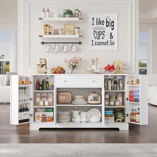 HITHOS 54&#34; Buffet Cabinet with Storage, Modern Kitchen Buffet Sideboard with Drawer, Wood Coffee Bar Station with Adjustable Shelves, Kitchen Storage Cabinet for Living Room, White