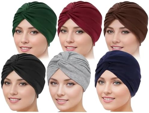 6 Pieces Solid Cotton Women Chemo Hat Stretchy Turban Beanie,Head Wraps Hats Cancer Headwear Beanie Head Covering for Women