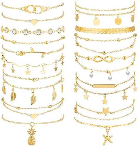 Hicarer 16 Pieces Ankle Bracelets 14K for Women Anklets Set Boho Beach Anklets Foot Chains Adjustable Foot Hand Jewelry Romantic Gift