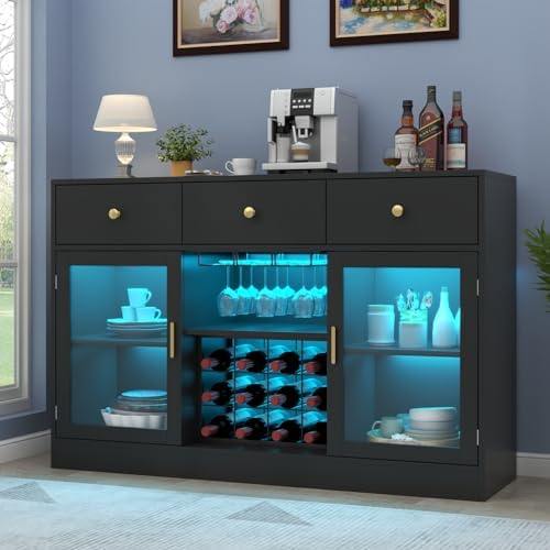 Auromie Wine Bar Cabinet with LED Light, Home Coffee Cabinet with Wine and Glass Rack, Kitchen Buffet Sideboard with Storage Drawers &amp; Adjustable Shelves, Modern Liquor Cabinet with Glass Door (Bl