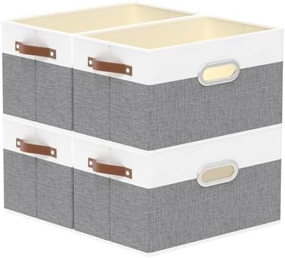 Yawinhe Fabric Storage Baskets, Foldable Closet Organizer for Shelves, Large Boxes with 3 Handles, Canvas Bins for Clothes, White\/Grey, 12.99&#39;&#39;Lx9.05&#39;&#39;Wx7.87&#39;&#39;H, 4-Pack
