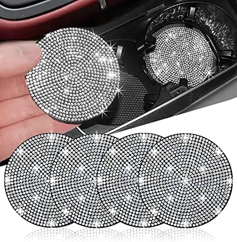 NBTEPEM 4pcs Bling Car Cup Holder Coaster, 2.75 inch Anti-Slip Shockproof Universal Fashion Car Coasters Insert Bling Crystal Rhinestone Automotive Interior Accessories for Women (4 pcs, White)