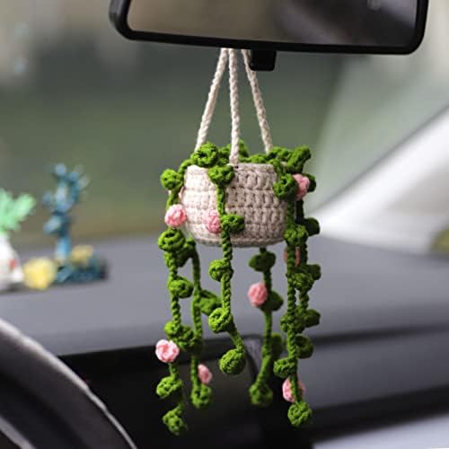 Cute Car Mirror Hanging Ornament - Decorative Rearview Mirror Accessories for Women and Girls - Handmade Knitted Crochet Plant Flower Car Accessories