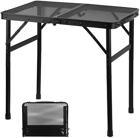 GREGIN Camping Table with Mesh Desktop, Lightweight &amp; Portable Small Folding Grill Table, Height Adjustable Metal Outdoor Table for Camp, Cooking, BBQ, RV, Picnic-2 FT Black