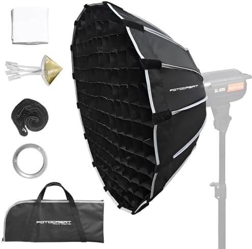 23.6inch\/60cm Parabolic Softbox Bowens Mount with Honeycomb Grid,Diffusers,Bullion Tablet,Quick Set-up Release Foldable Softbox for Strobe Flash Studio Photography and Other Bowens Mount Lights
