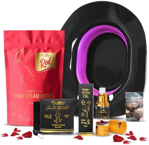 Fivona 4-in-1 Feminine Care Kit, Yoni Oil, Yoni Soap, Yoni Steaming Pot and Red Premium V Steam Herbs, Complete Herbal V Care Set