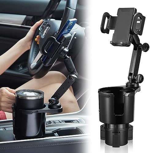 SCRWVESS Cup Holder Phone Mount, 2 in 1 Cup Holder Expander for Car Long Arm with 360°Rotation Cup Holder Cell Phone Holder for Car Compatible with All Smartphones