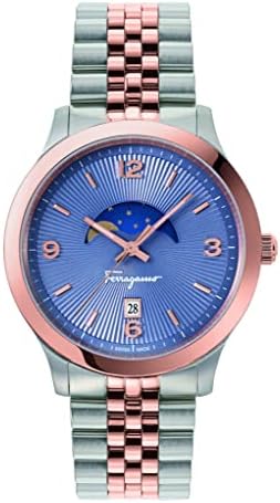 Ferragamo Ferragamo Duo Moonphase Collection Luxury Mens Watch Timepieces with a Two Tone Bracelet and Case Featuring a Blue Dial
