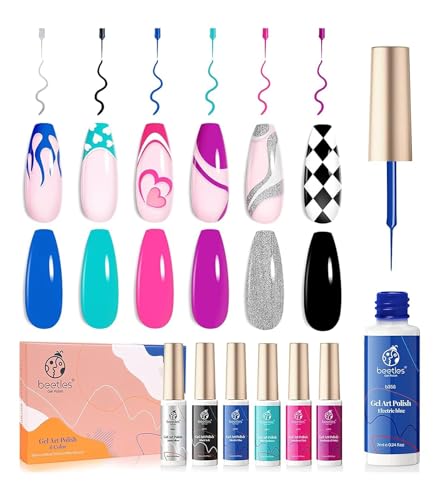 Beetles Gel Liner Nail Polish, 6 Colors Nail Art Paint for Swirl Nails Neon Blue Hot Pink Sliver Glitter Gel Polish Cyberpunk&#39;s Futurism Built Thin Nails Art Pens Brush