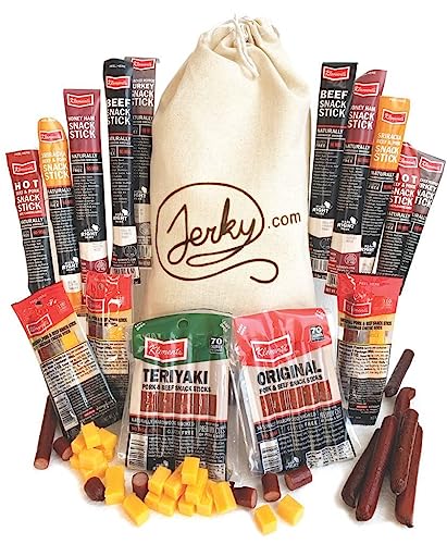Jerky.com Gift Bag for Men  26 Piece Meat Sticks Gift Basket with Beef Sticks, Pork, Turkey, Ham &amp; Cheese Sticks  High Protein Snack Variety Pack  Gluten-Free Jerky Gifts for Men  Birthday Gift Ba